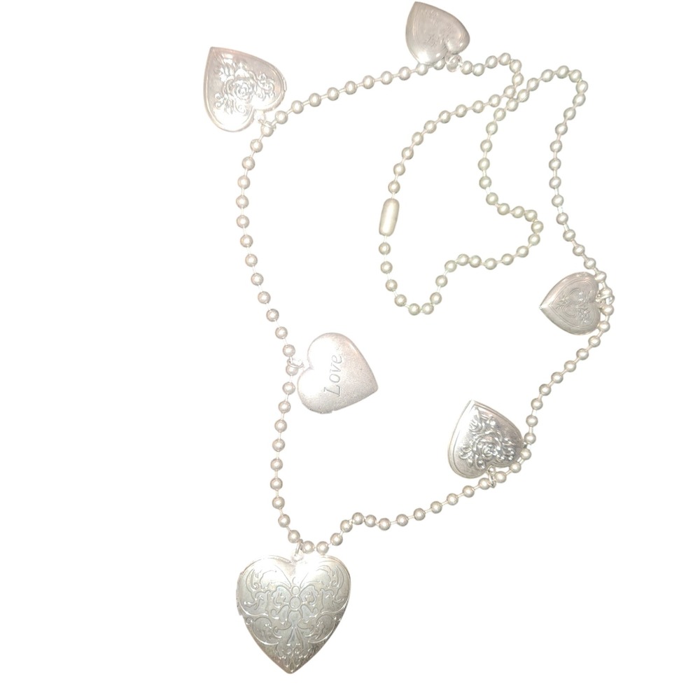 Silver Tone Heart Locket Charm Necklace Beaded Chain Love Rose Engraved